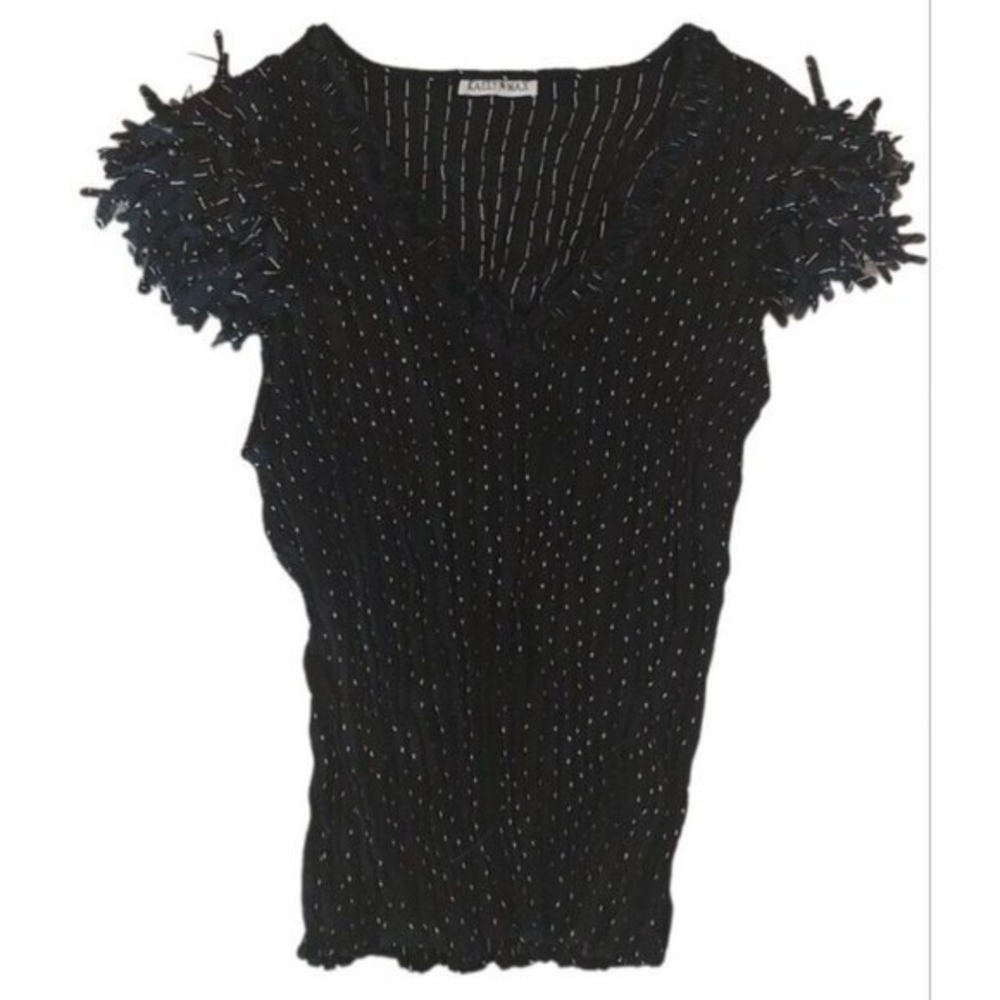 Kaelyn-N-Max Shredded Cap Sleeve Beaded V-neck Accordion‎ Black Top-Lrg